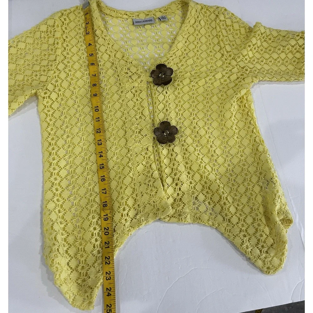 Vintage Yellow Open Knit Cardigan Wood Flower Button Beach Artsy Boho Lagenlook